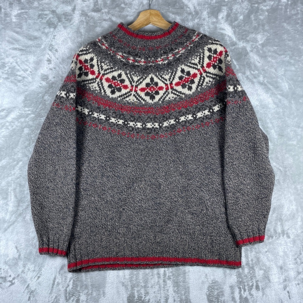 Eddie Bauer Sweater Womens L Gray Fair Isle Wool Legend Crew Neck